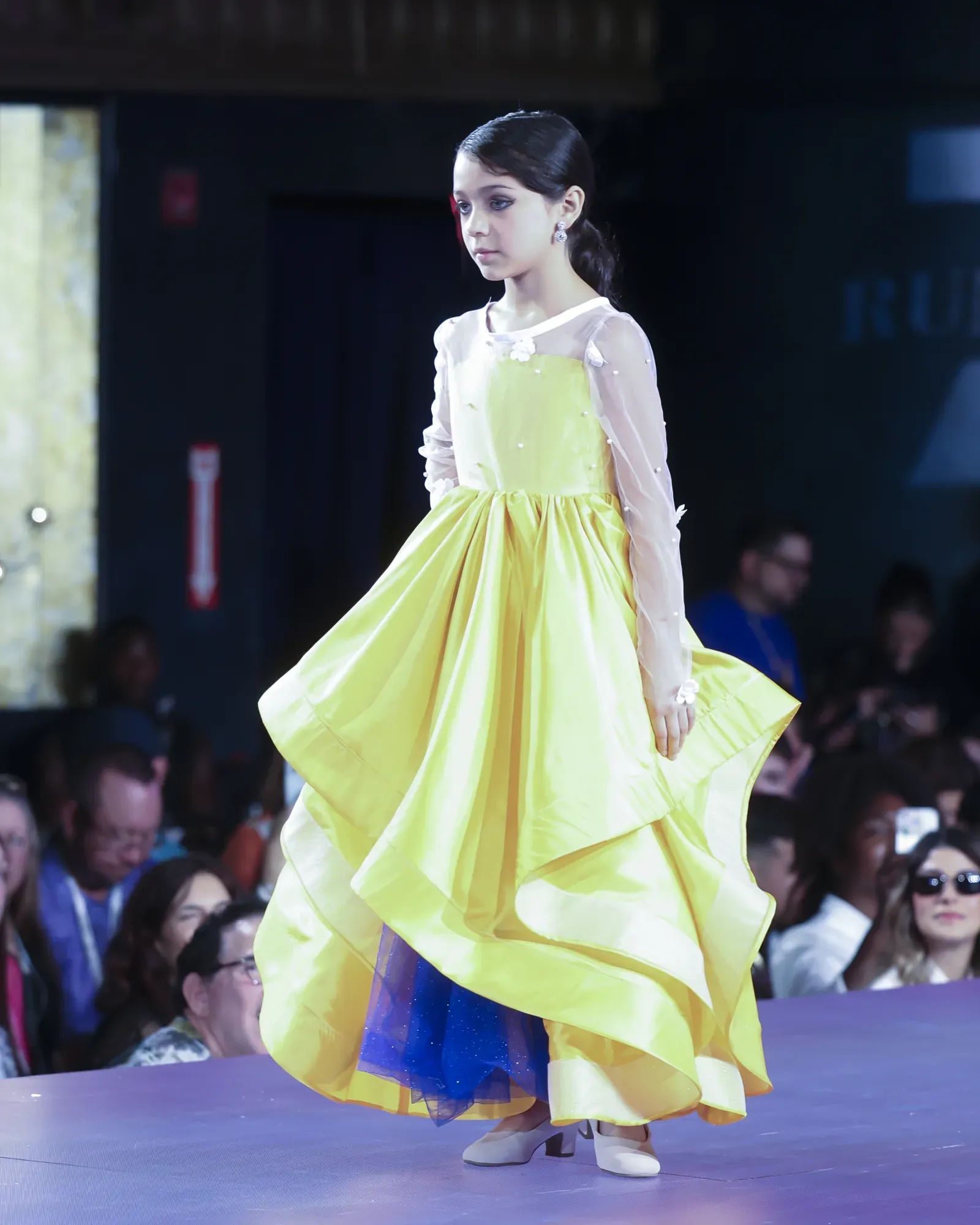 Marigold organza gown with pearl-set sleeves — Babs Boutique, Orlando Monroy Memorial Artist Collaboration Collection, New York Fashion Week