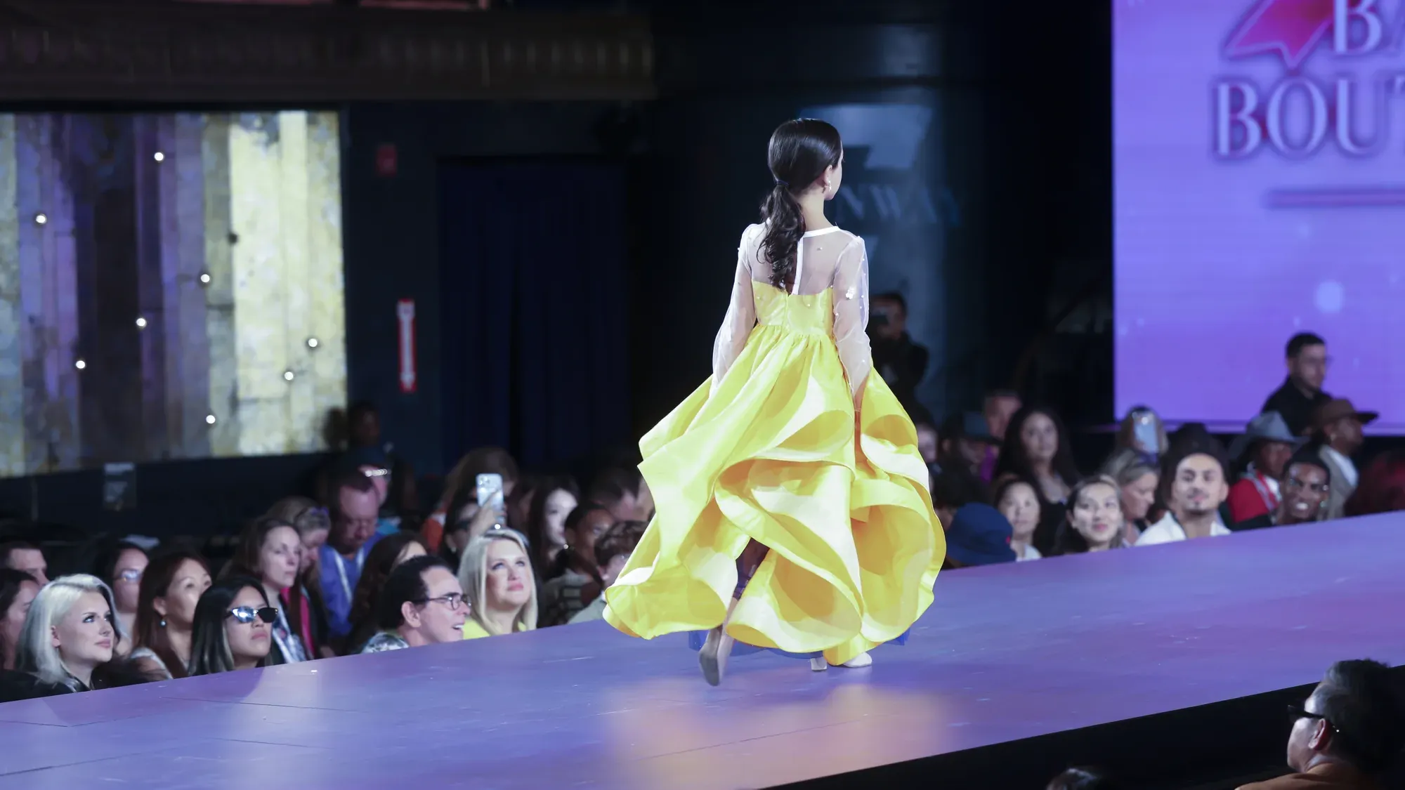 Marigold organza gown with pearl-set sleeves — Babs Boutique, Orlando Monroy Memorial Artist Collaboration Collection, New York Fashion Week