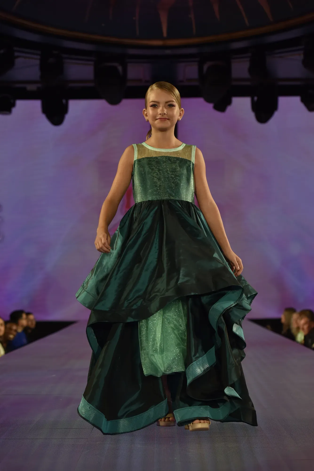 Teal tiered gown — Babs Boutique, Orlando Monroy Memorial Artist Collaboration Collection, New York Fashion Week