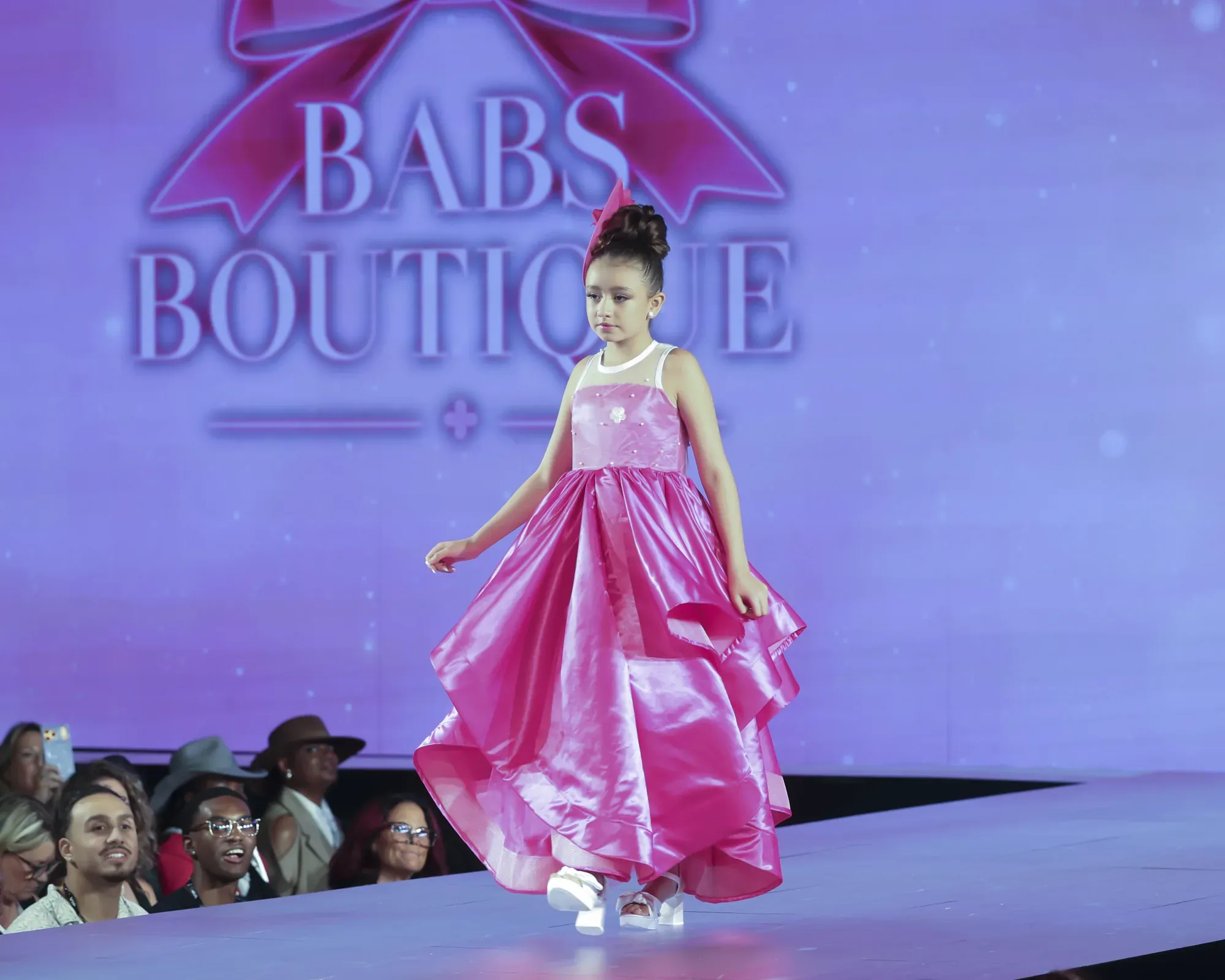 Rose satin gown — Babs Boutique, Orlando Monroy Memorial Artist Collaboration Collection, New York Fashion Week