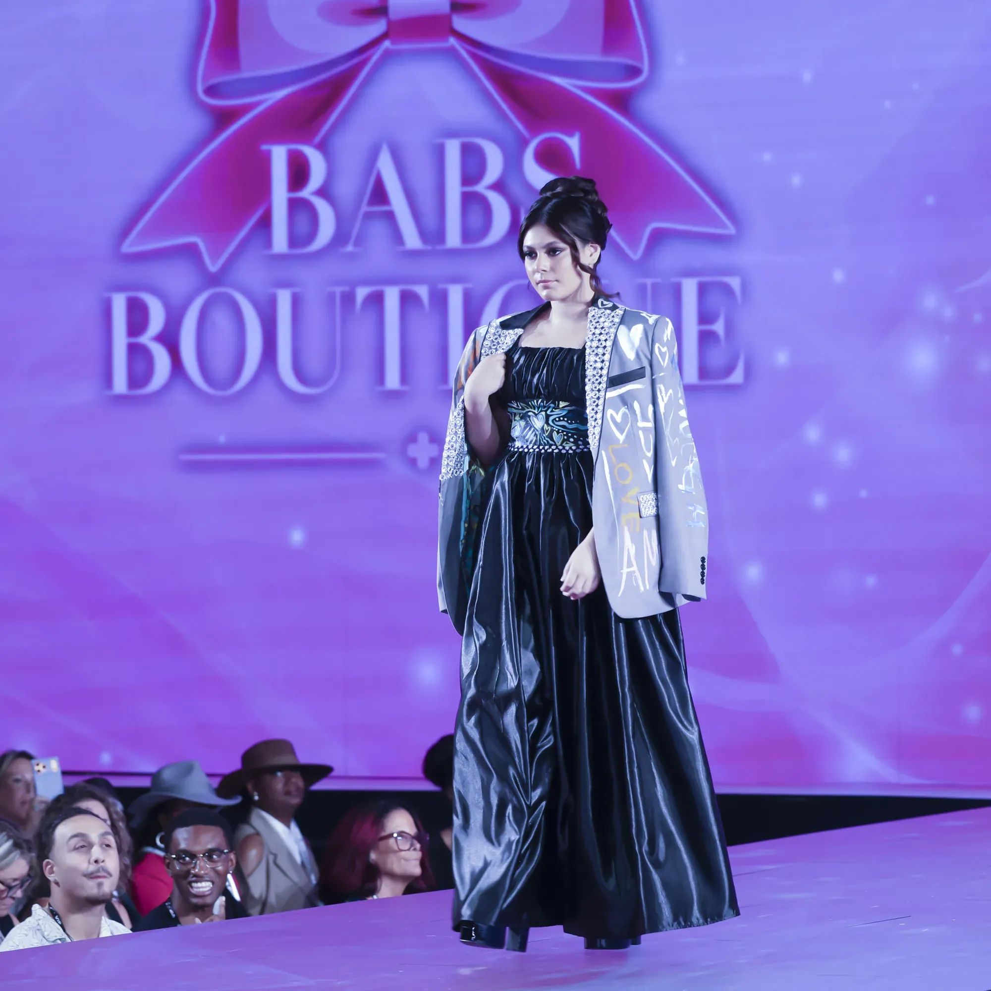 Black gown with metallic brocade jacket — Babs Boutique, Orlando Monroy Memorial Artist Collaboration Collection, New York Fashion Week