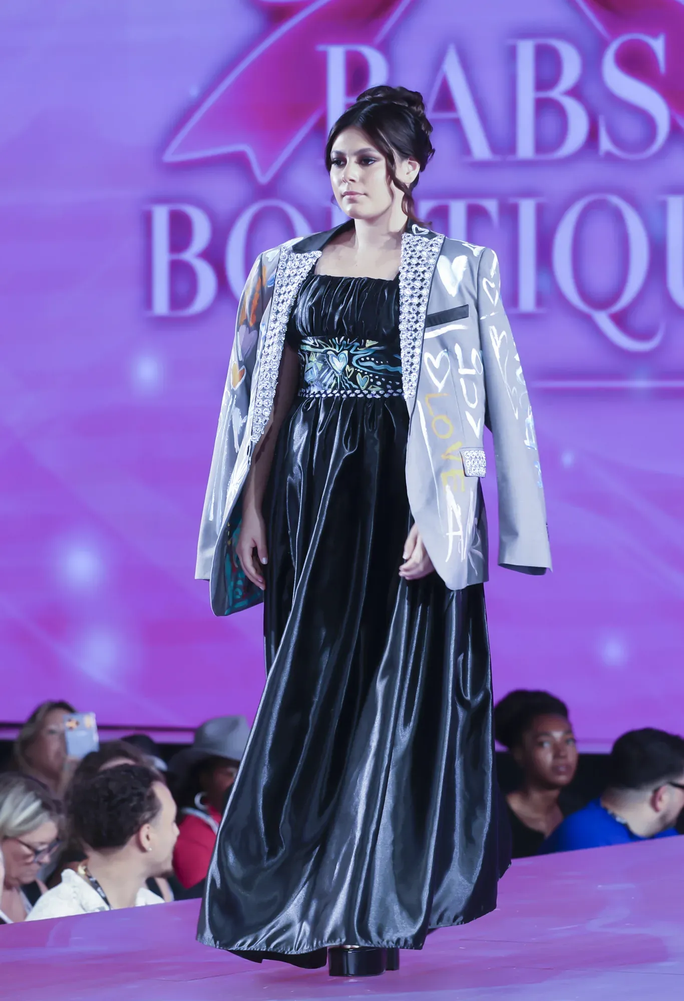 Black gown with metallic brocade jacket — Babs Boutique, Orlando Monroy Memorial Artist Collaboration Collection, New York Fashion Week