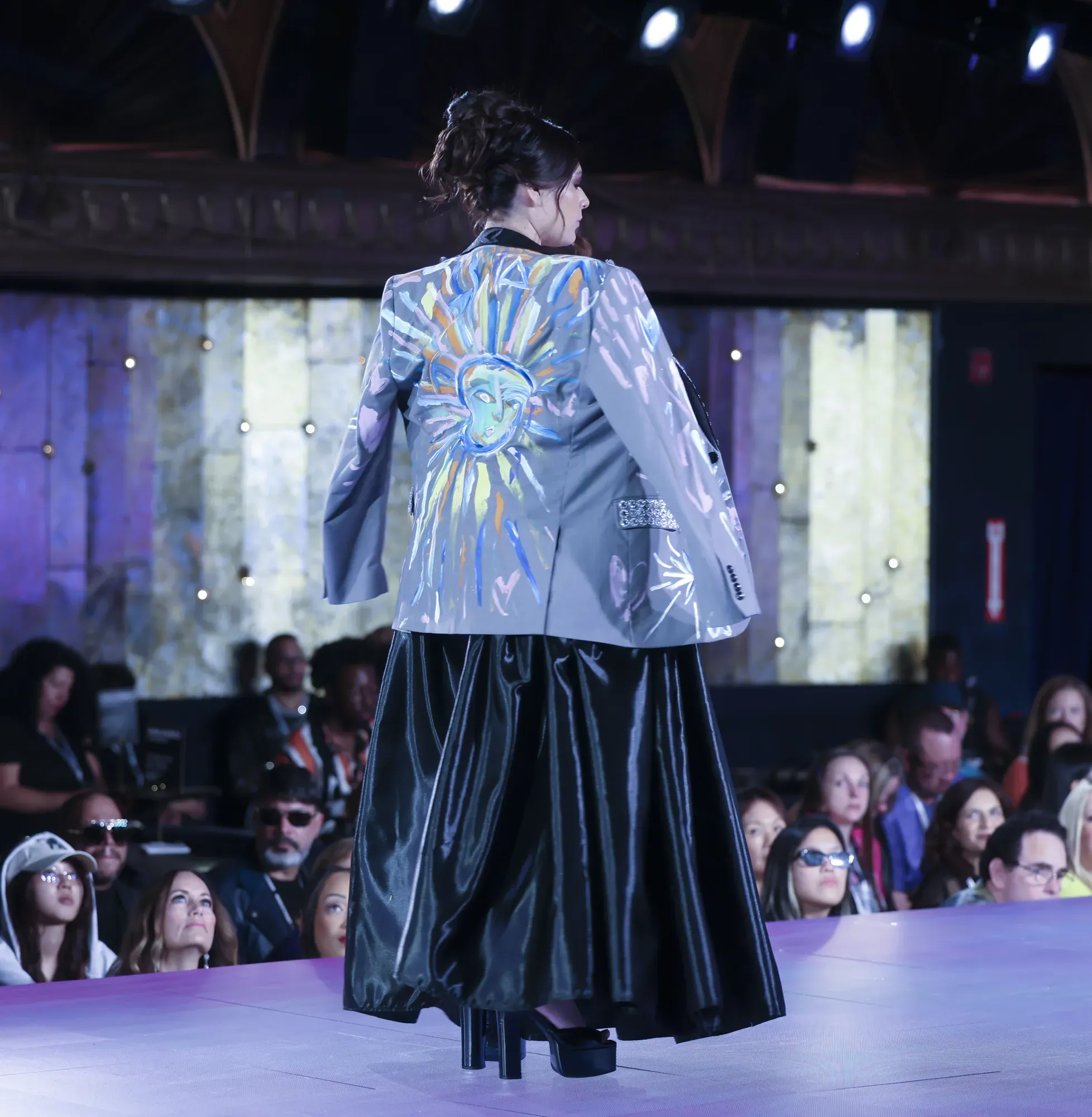 Black gown with metallic brocade jacket — Babs Boutique, Orlando Monroy Memorial Artist Collaboration Collection, New York Fashion Week