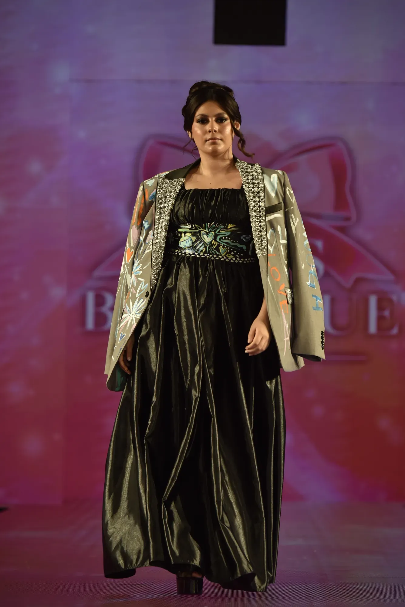 Black gown with metallic brocade jacket — Babs Boutique, Orlando Monroy Memorial Artist Collaboration Collection, New York Fashion Week