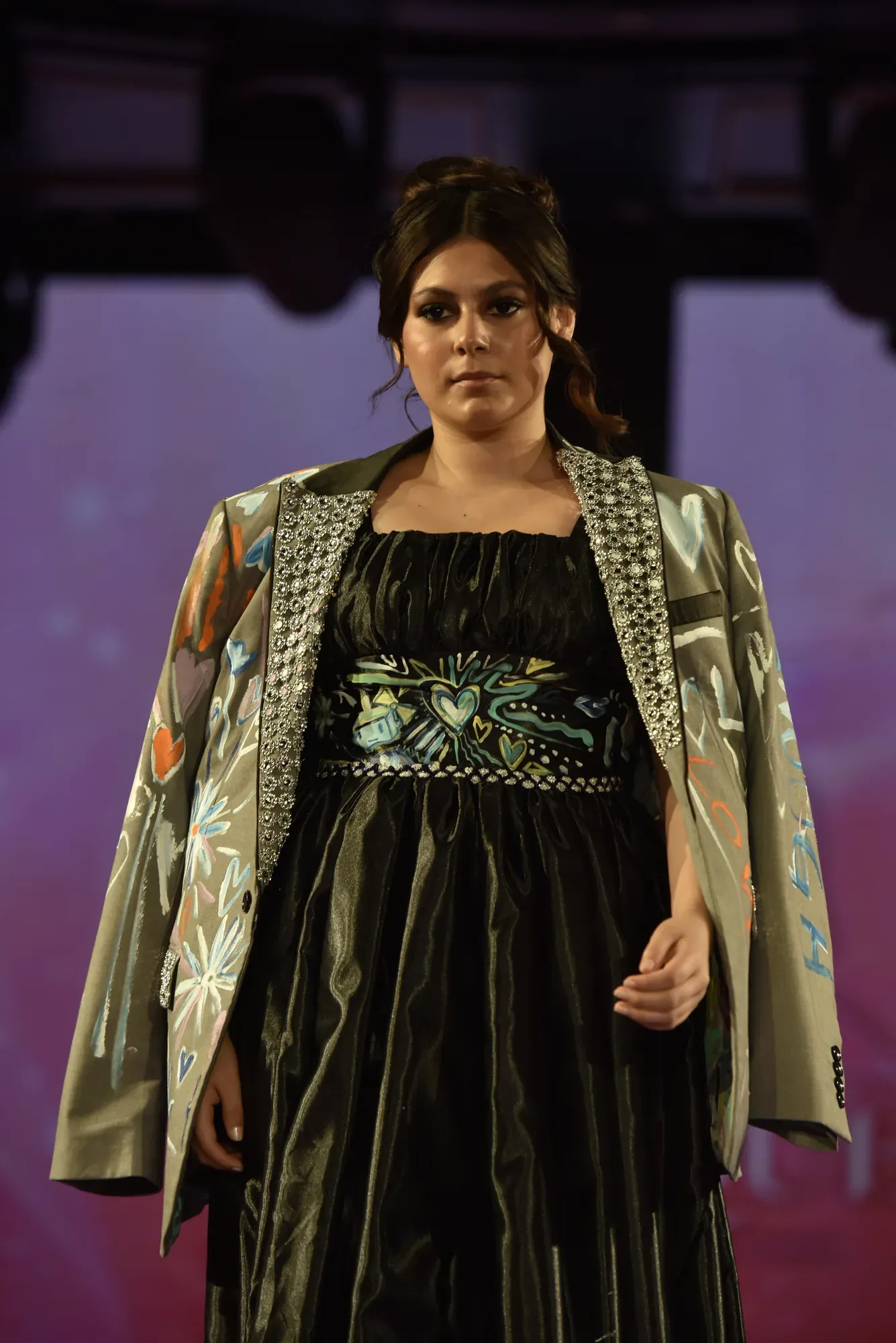 Black gown with metallic brocade jacket — Babs Boutique, Orlando Monroy Memorial Artist Collaboration Collection, New York Fashion Week