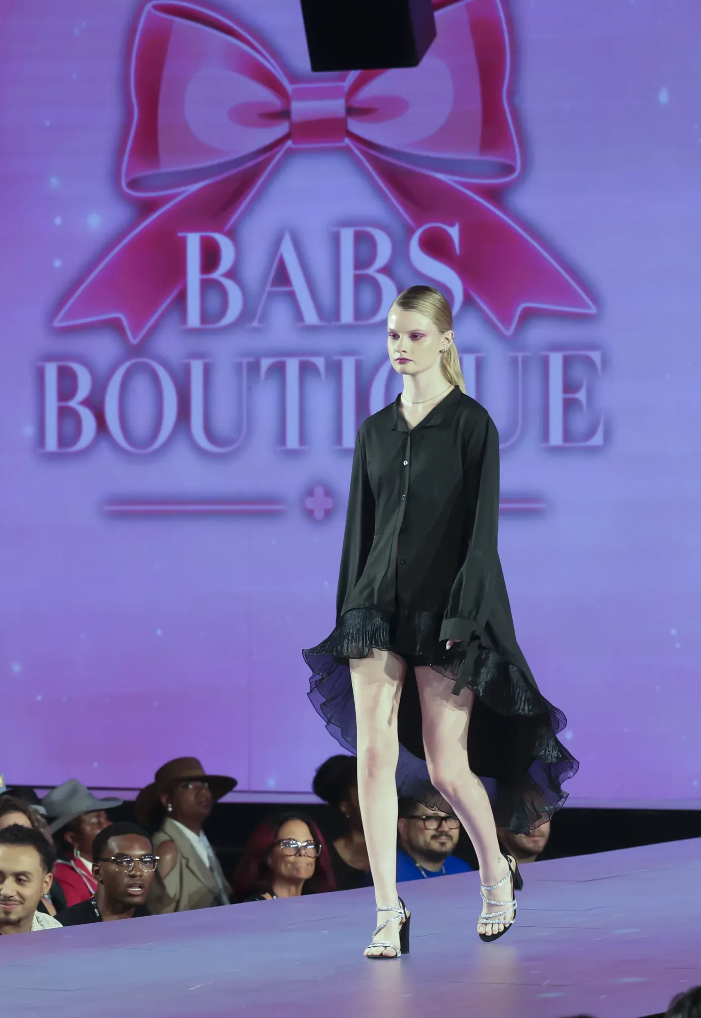 Black high-low shirt dress — Babs Boutique, Orlando Monroy Memorial Artist Collaboration Collection, New York Fashion Week