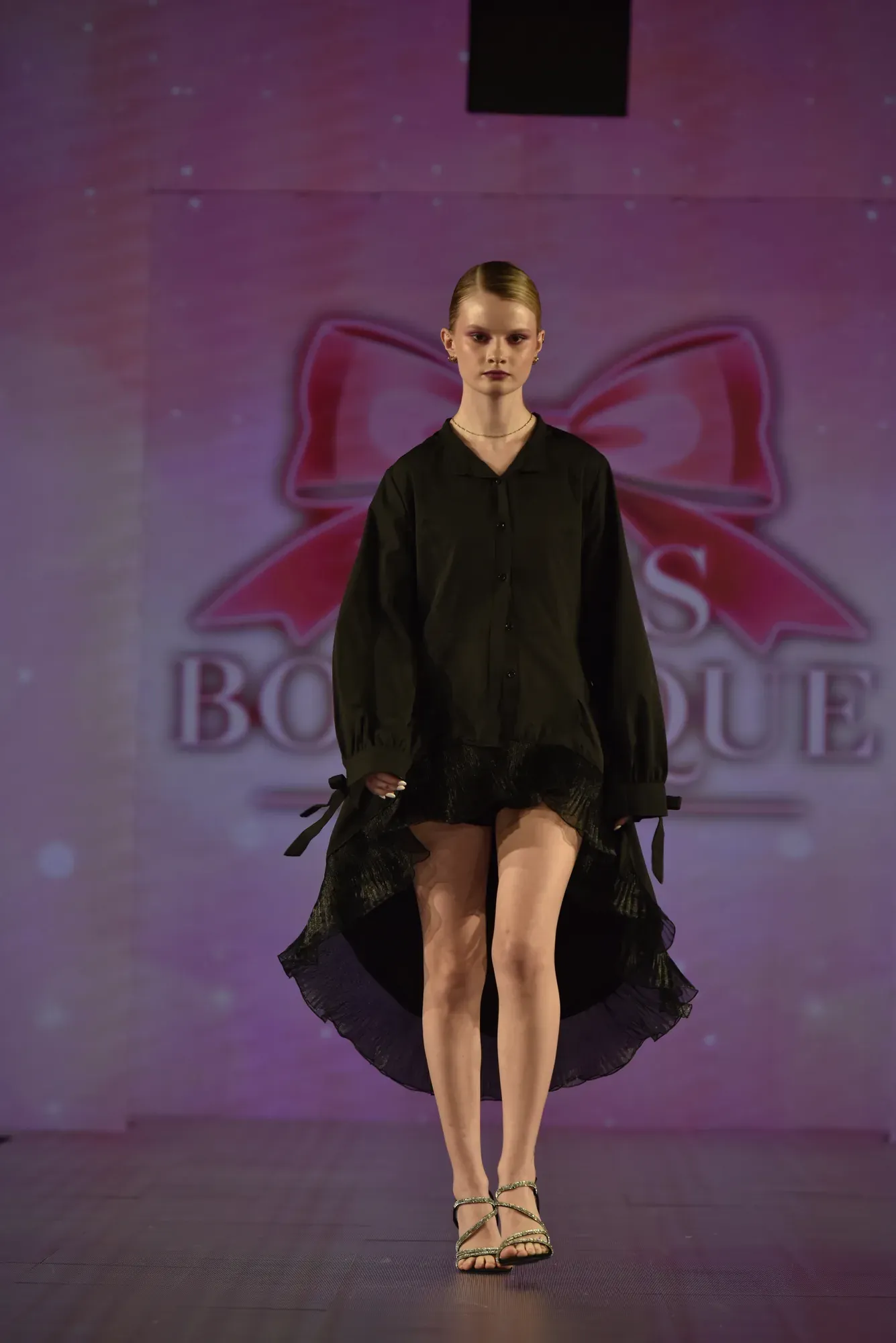 Black high-low shirt dress — Babs Boutique, Orlando Monroy Memorial Artist Collaboration Collection, New York Fashion Week
