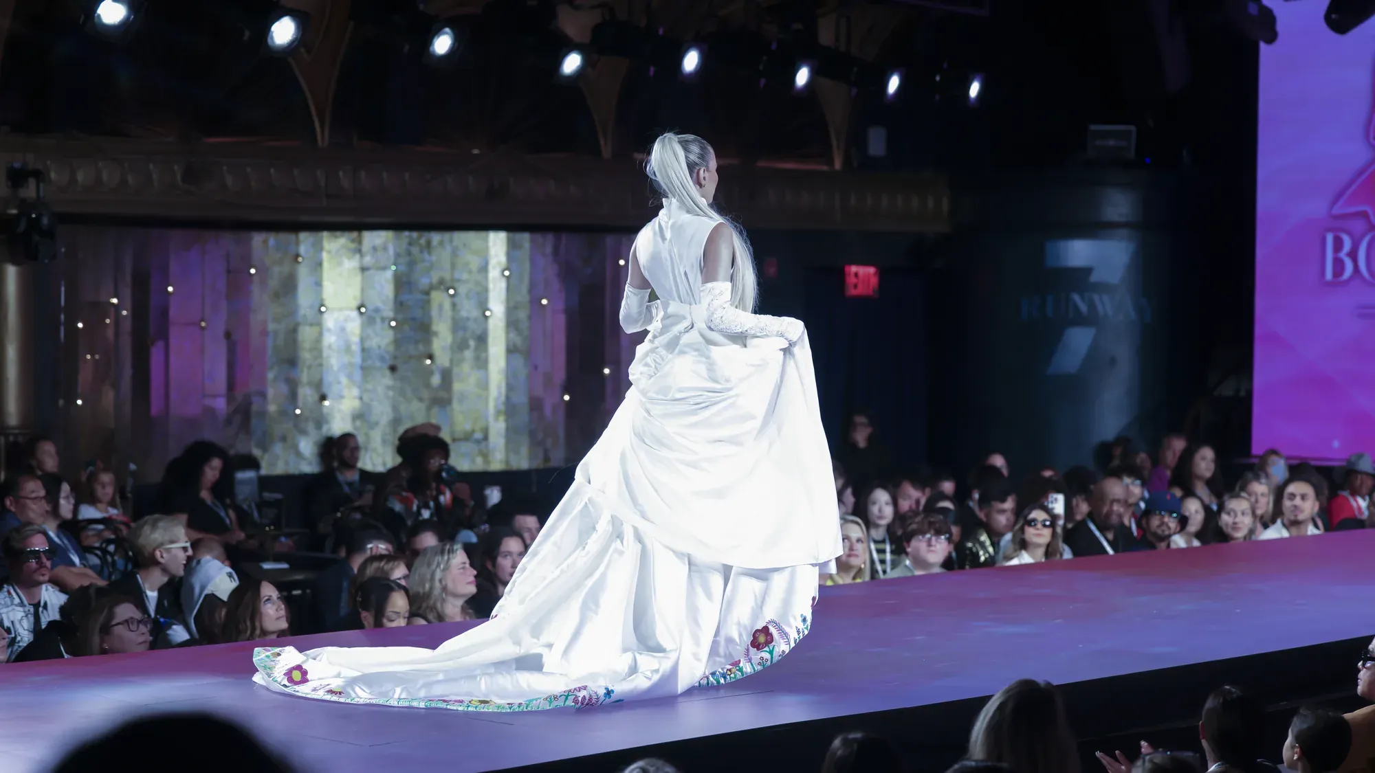 Ivory gown with sunflower appliqué — Babs Boutique, Orlando Monroy Memorial Artist Collaboration Collection, New York Fashion Week