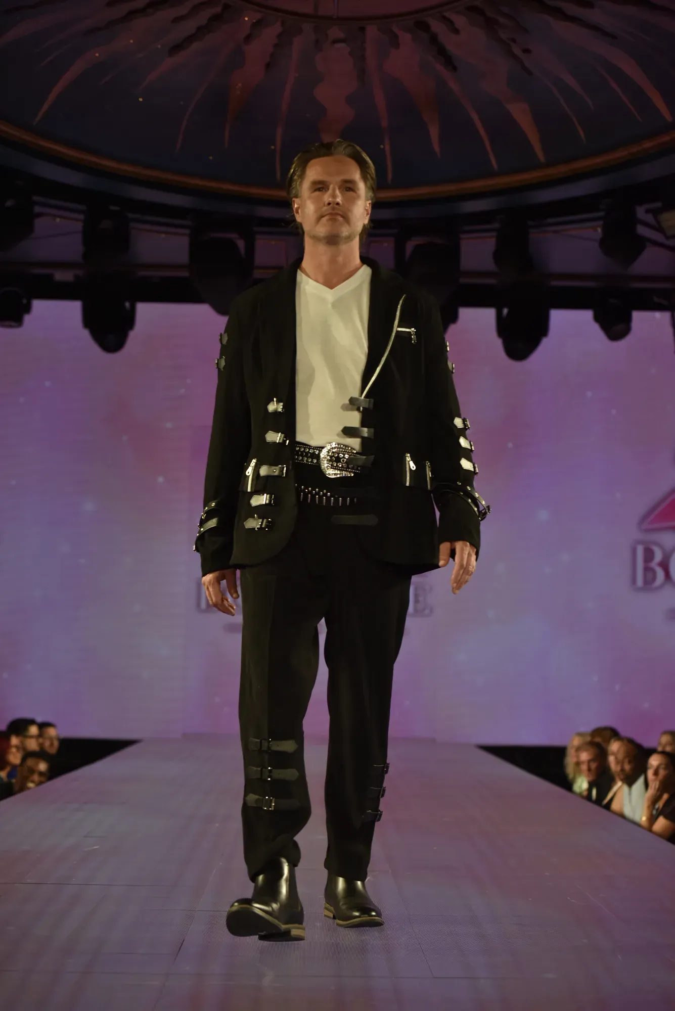Studded jacket with belted trousers — Babs Boutique, Orlando Monroy Memorial Artist Collaboration Collection, New York Fashion Week