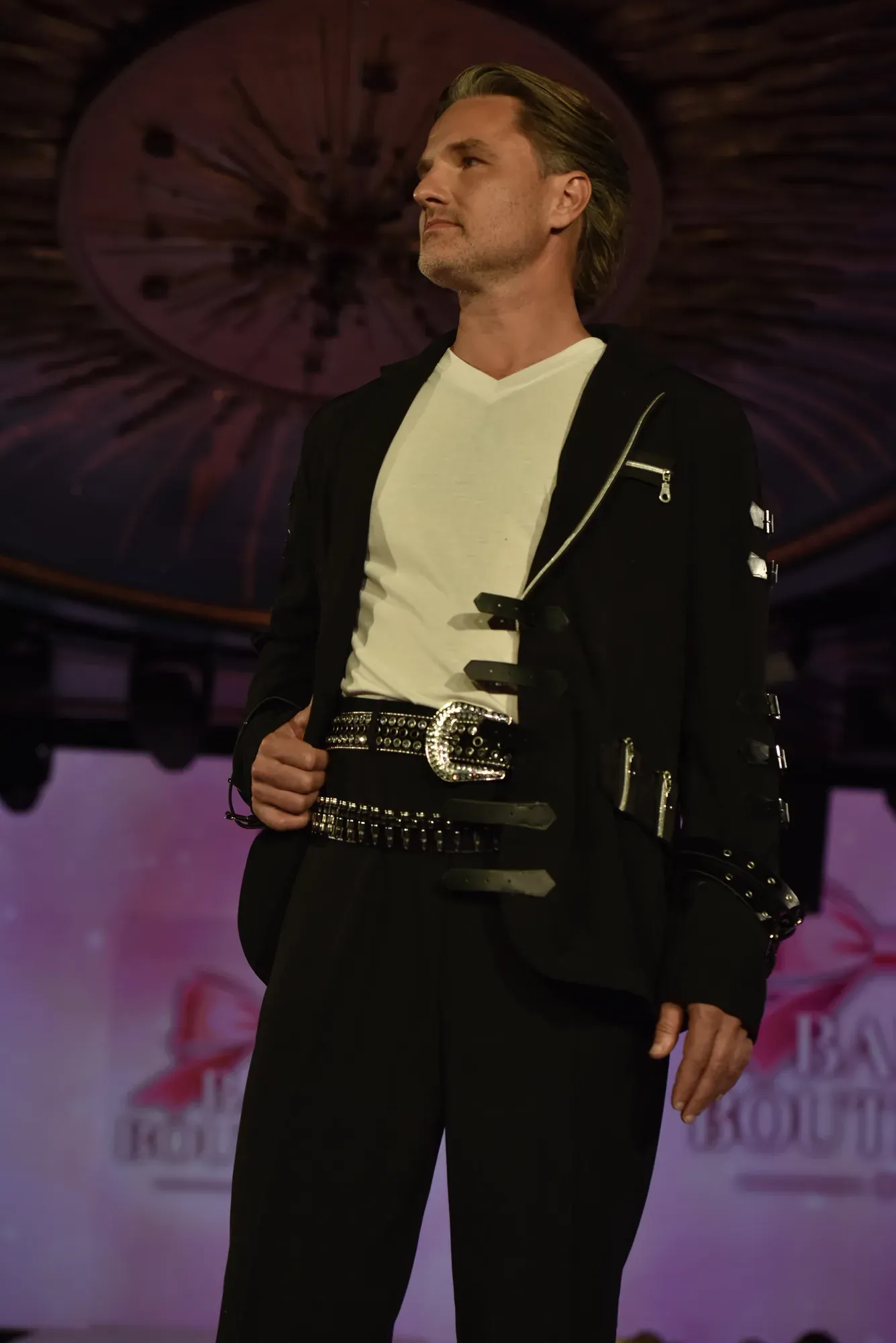 Studded jacket with belted trousers — Babs Boutique, Orlando Monroy Memorial Artist Collaboration Collection, New York Fashion Week